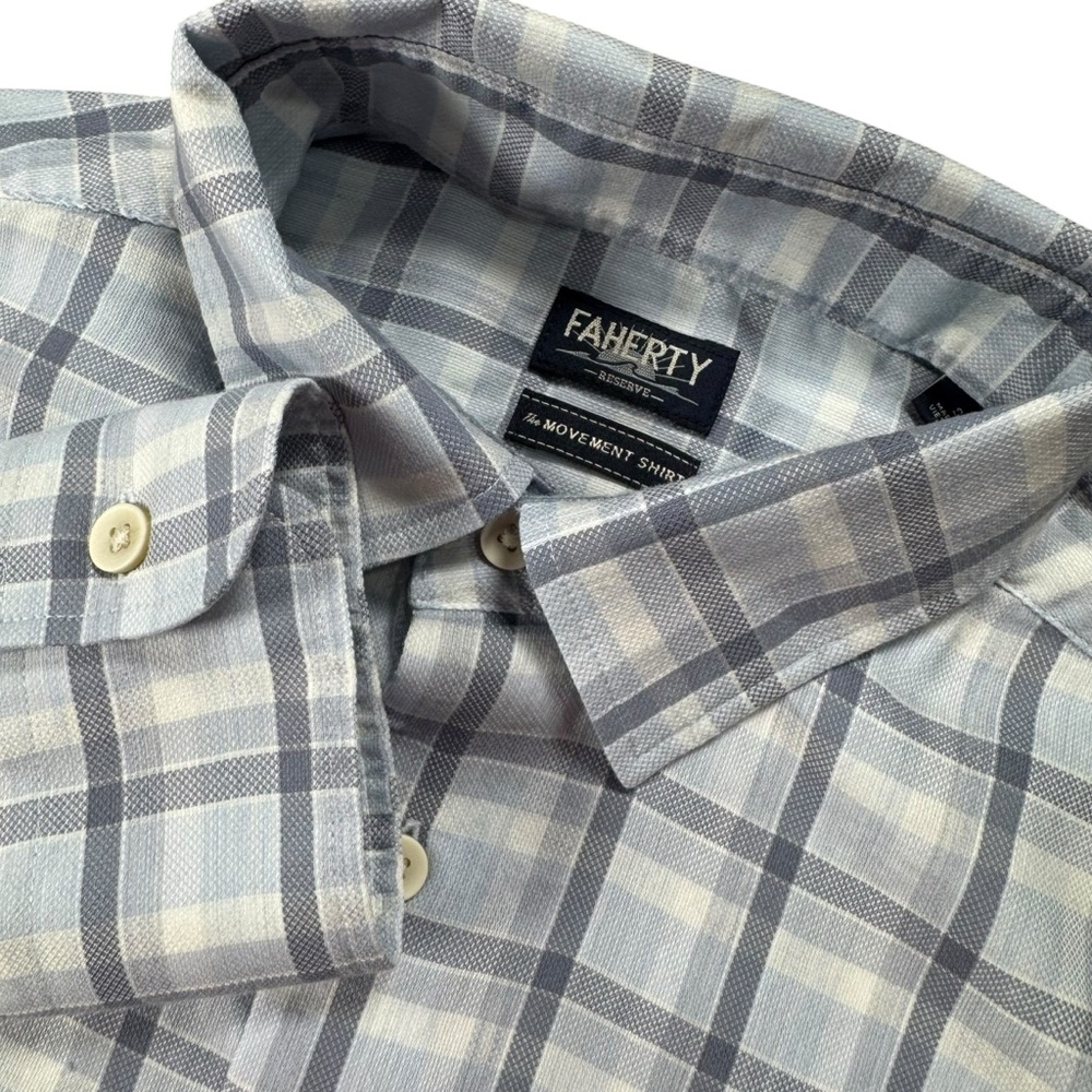 Faherty Men’s S Movement Shirt Light Blue White Plaid Stretch‎